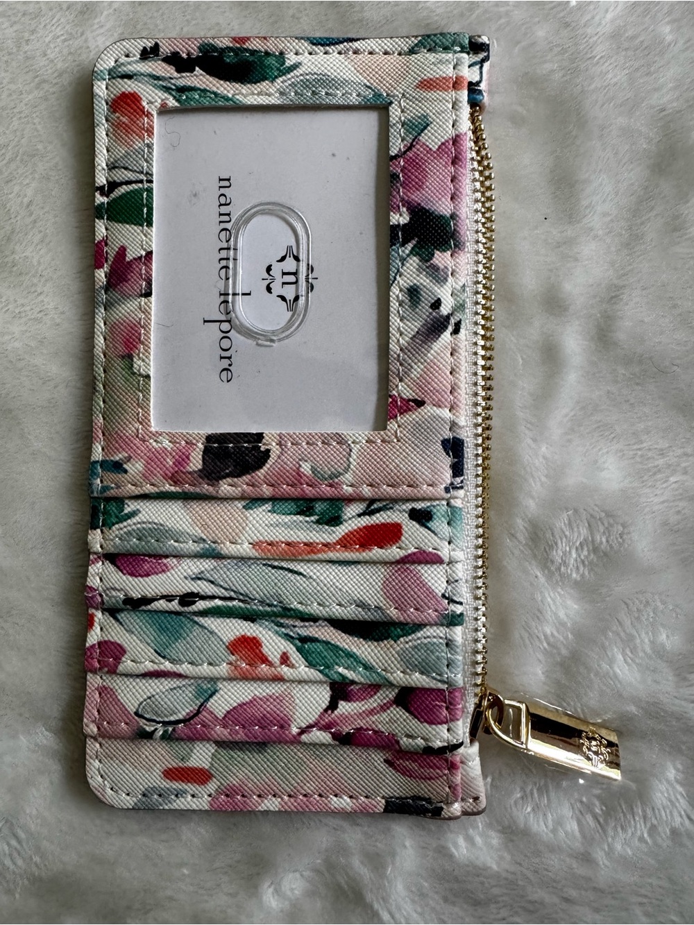 Nanette Lepore Watercolor Floral pink green white slim wallet w/ ID Window NWOT